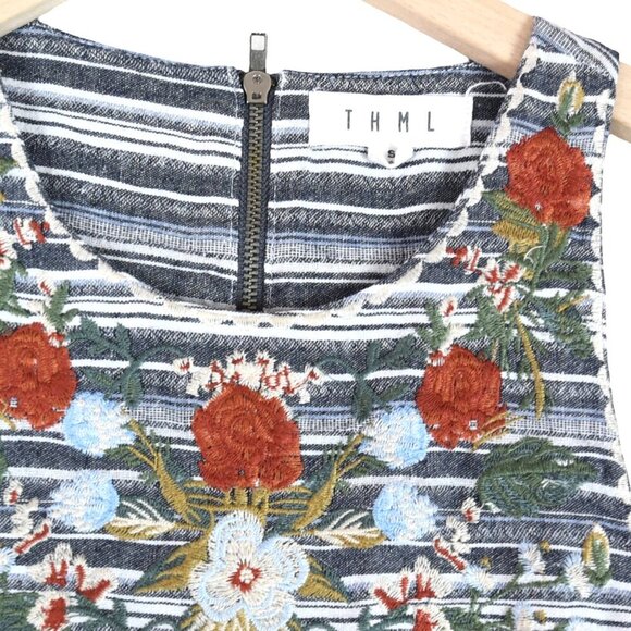 THML Embroidered Striped Sleeveless Dress Size S Navy Multi Floral Boho Festival - Picture 3 of 6
